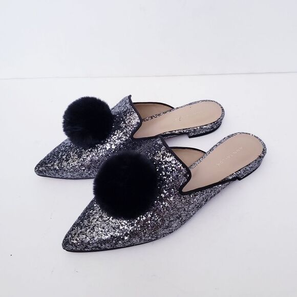 Ann Taylor Metallic Glitter Pom Pom Silver Black Mules - Picture 1 of 11